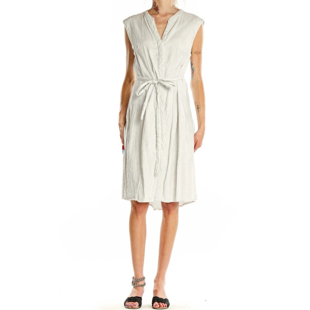 New Tahari Stretch Linen Blend White Black Pinstripe Button Dress Lagenlook 10